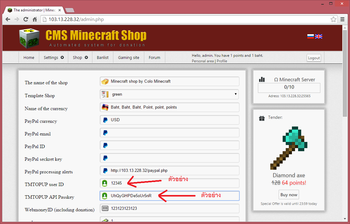 Minecraft webshop settings